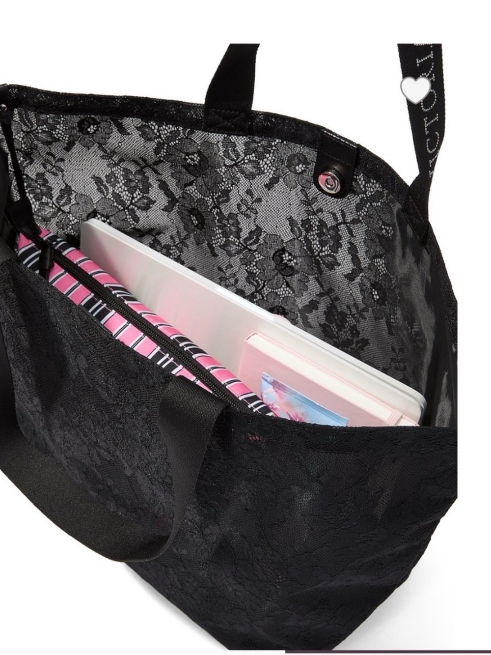 New with tags Victoria’s Secret Black Lace Tote Bag rhinestone crystal pink - Picture 2 of 3